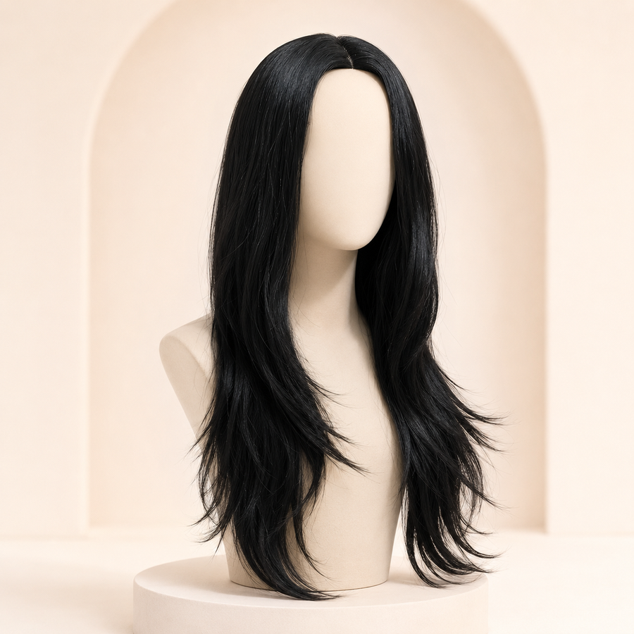 Natural-black Luxe Crown full-head wig with centre part on a neutral display bust