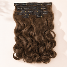 Medium-brown Royal Length 18-Clip curly hair extension set with snap clips visible